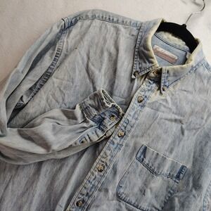 VTG Fieldmaster Mens L Denim Shirt Long Sleeve Button‎ Down Shacket Faded Grunge